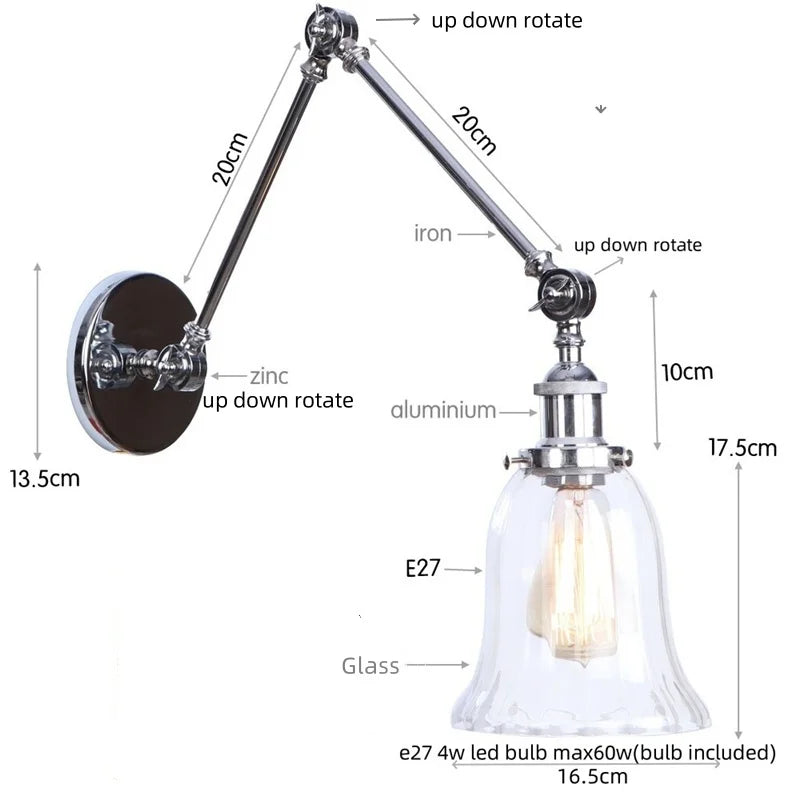Afralia™ Chrome Industrial LED Wall Sconce Swing Arm Clear Glass Lamp