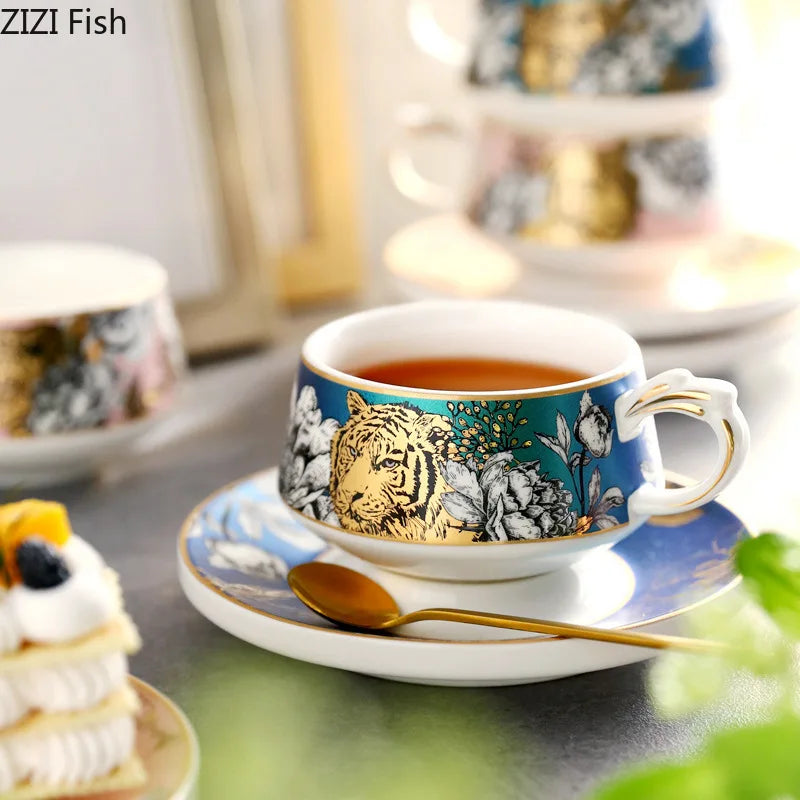Afralia™ Tiger Pattern Porcelain Cup & Saucer Set - Exquisite Coffee Mug