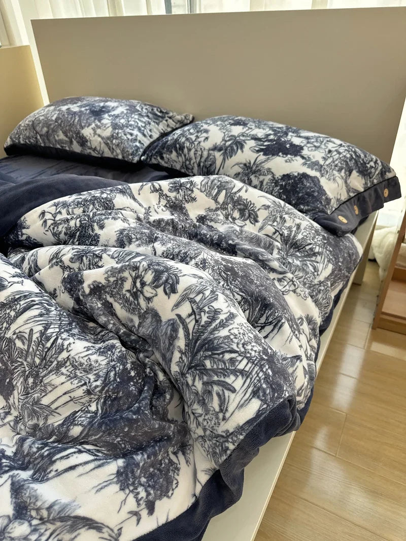 Afralia™ Forest Plants Prints Velvet Bedding Set, Winter Warm, 4Pcs: Duvet Cover, Sheet, Pillowcases