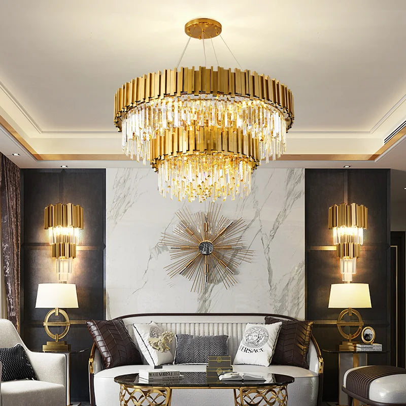 Afralia™ Stainless Steel Crystal Chandelier for Duplex Building, Hotel, Club and Living Room