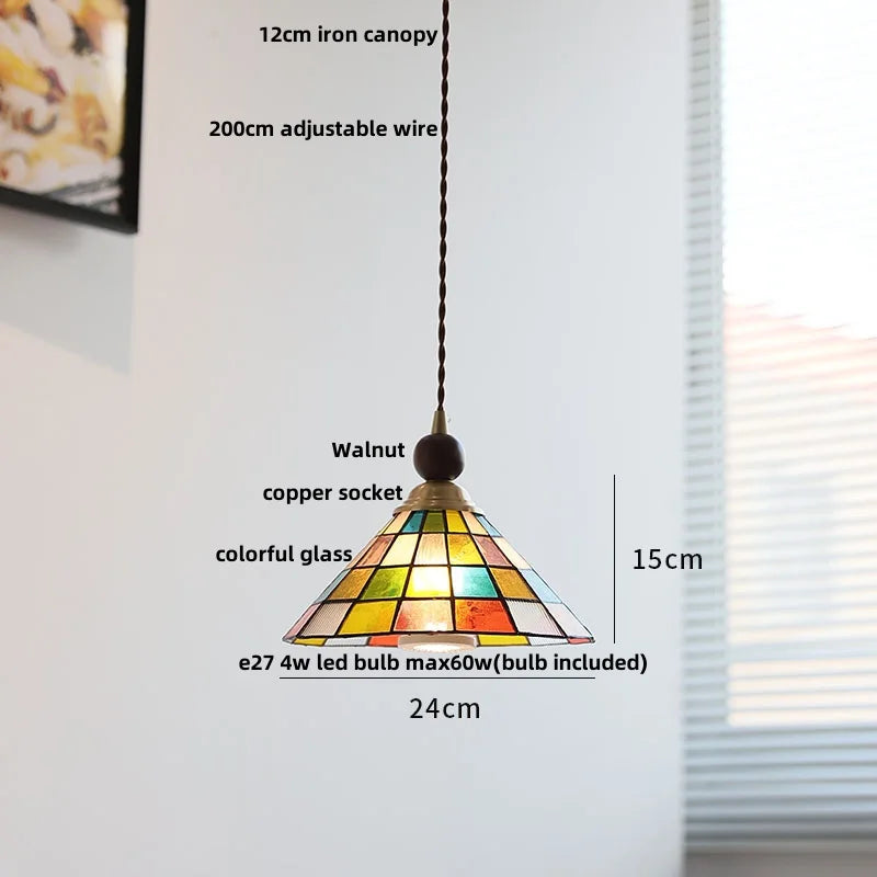 Afralia™ Tiffany Glass Wood LED Pendant Lamp Modern Nordic Hanging Light Fixutre