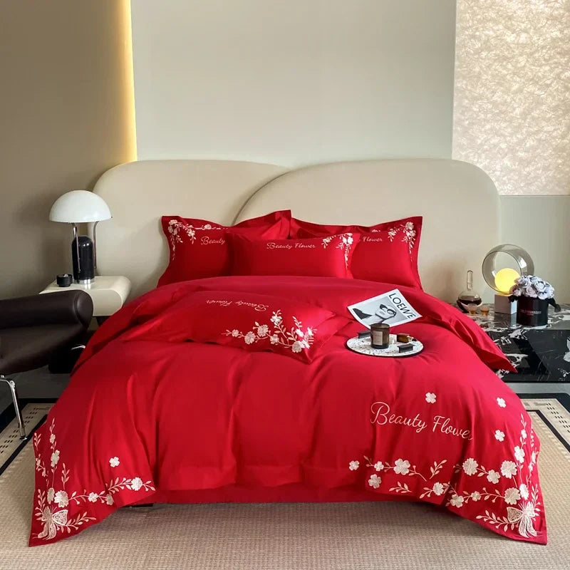 Afralia™ Embroidery Cotton Bedding Set: King Queen Europe Sheet Duvet Cover Pillowcase Bed Linens