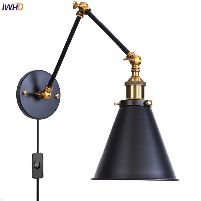 Afralia™ Retro LED Swing Arm Wall Sconce Black Industrial Vintage Lamp