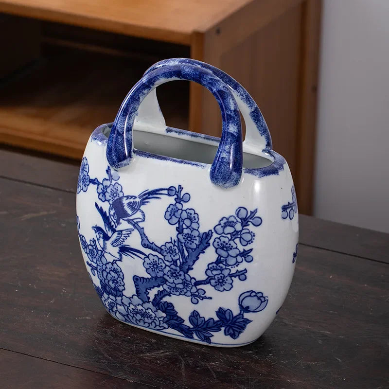 Afralia™ Ceramic Vase Handbag: Blue & White Porcelain Flower Vase Art Craft, Chinese-style Decor