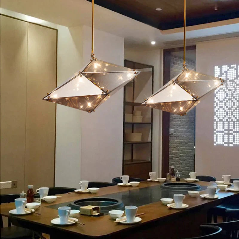 Afralia™ Diamond Glass LED Pendant Light Smoky Gray Amber Hanging Lamp for Living Room