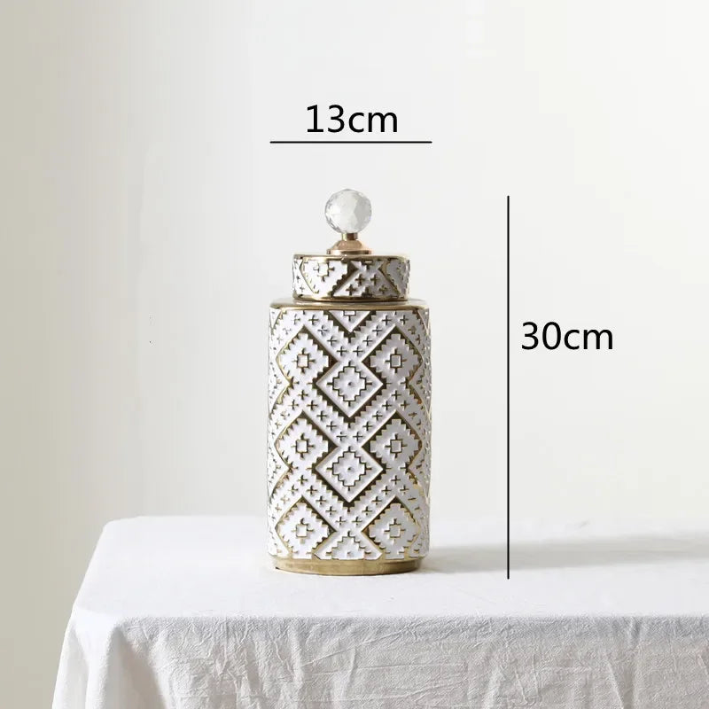 Afralia™ Geometric Golden Relief Decorative Jar - Ceramic Crystal Vase Storage Jar