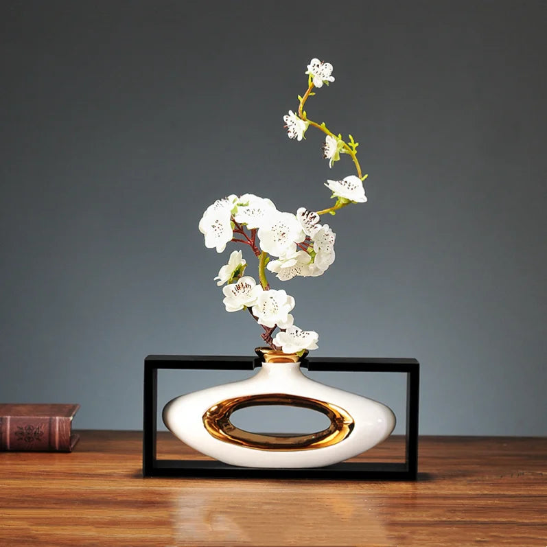 Afralia™ Chinese Style Ceramic Vase in Wooden Frame for Modern Home Decor