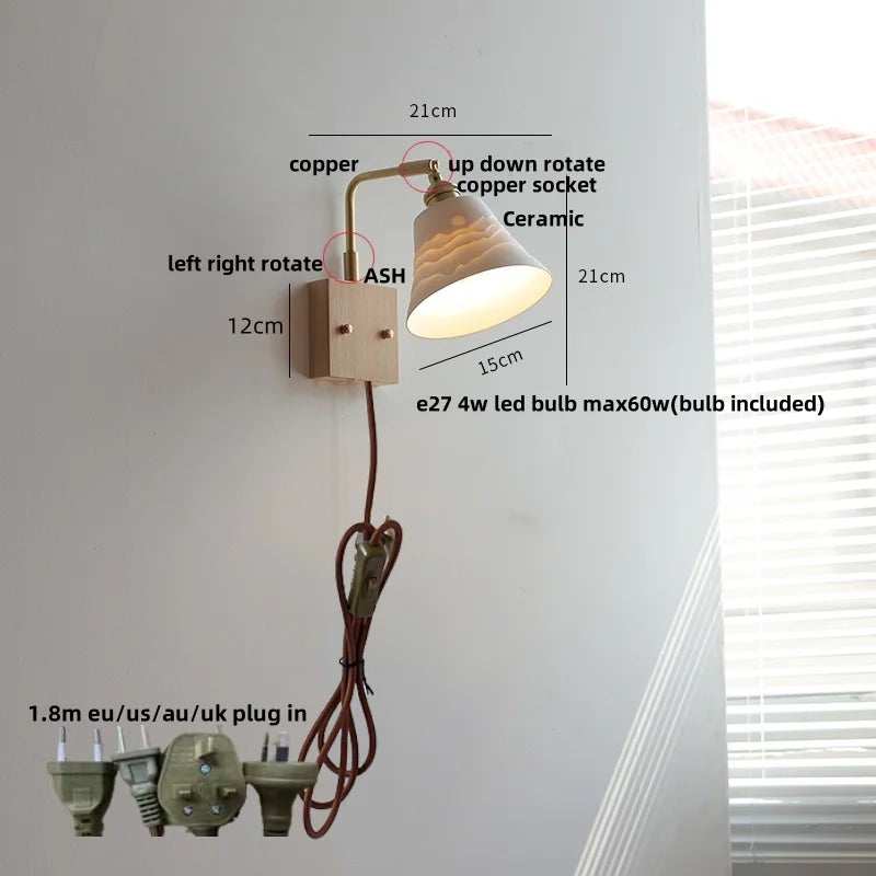 Afralia™ Nordic LED Walnut Wood Wall Lamp with Rotating Ceramic Copper Pull Chain Switch