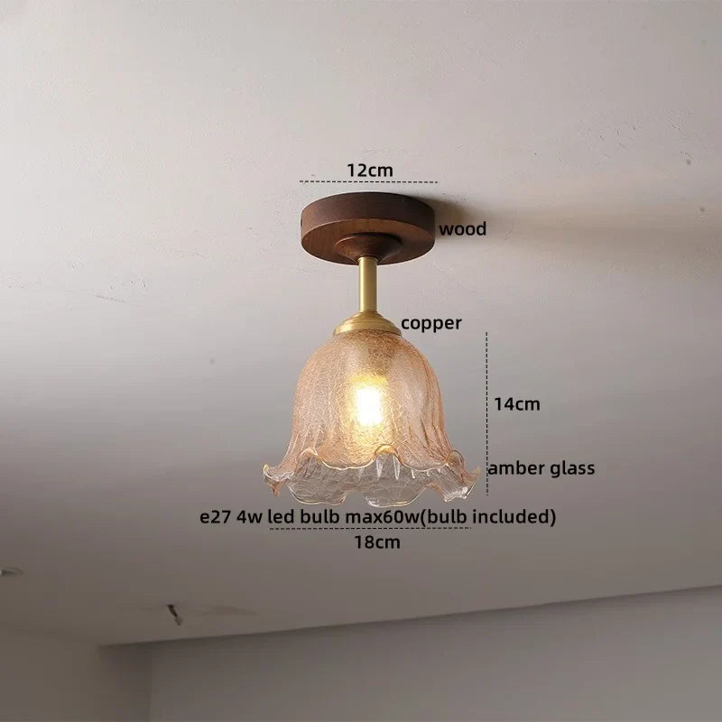 Afralia™ Amber Glass Copper LED Ceiling Light Fixture for Modern Home Decor