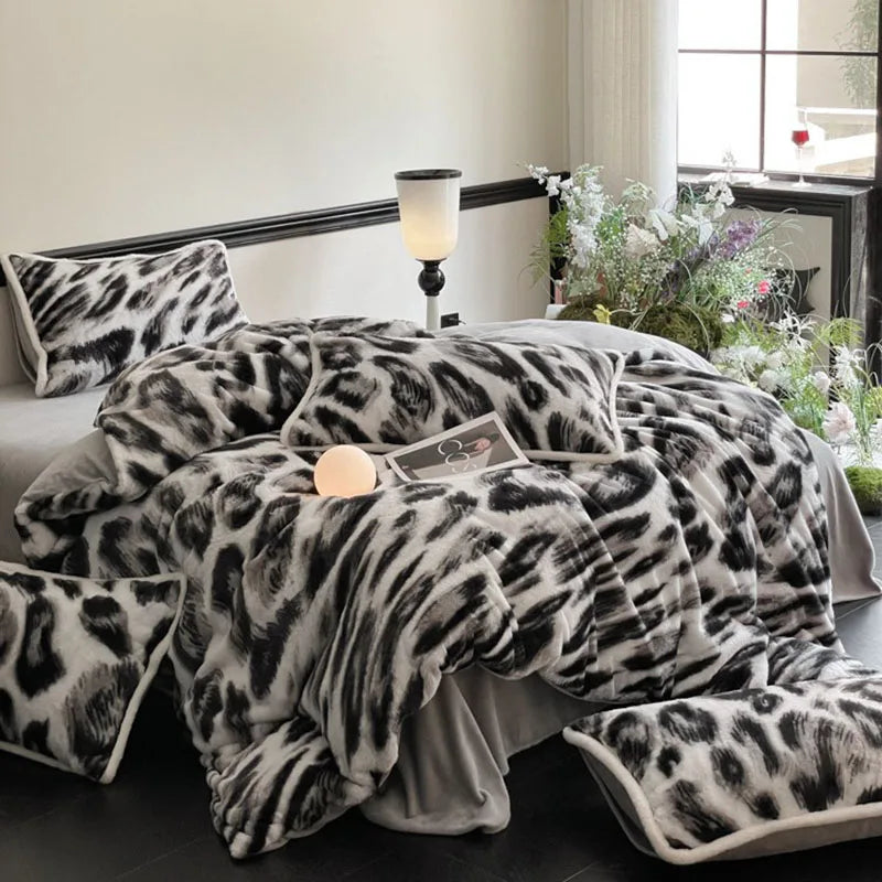 Afralia™ Winter Faux Rabbit Plush Stripe Bedding Set with Milk Velvet Duvet Cover