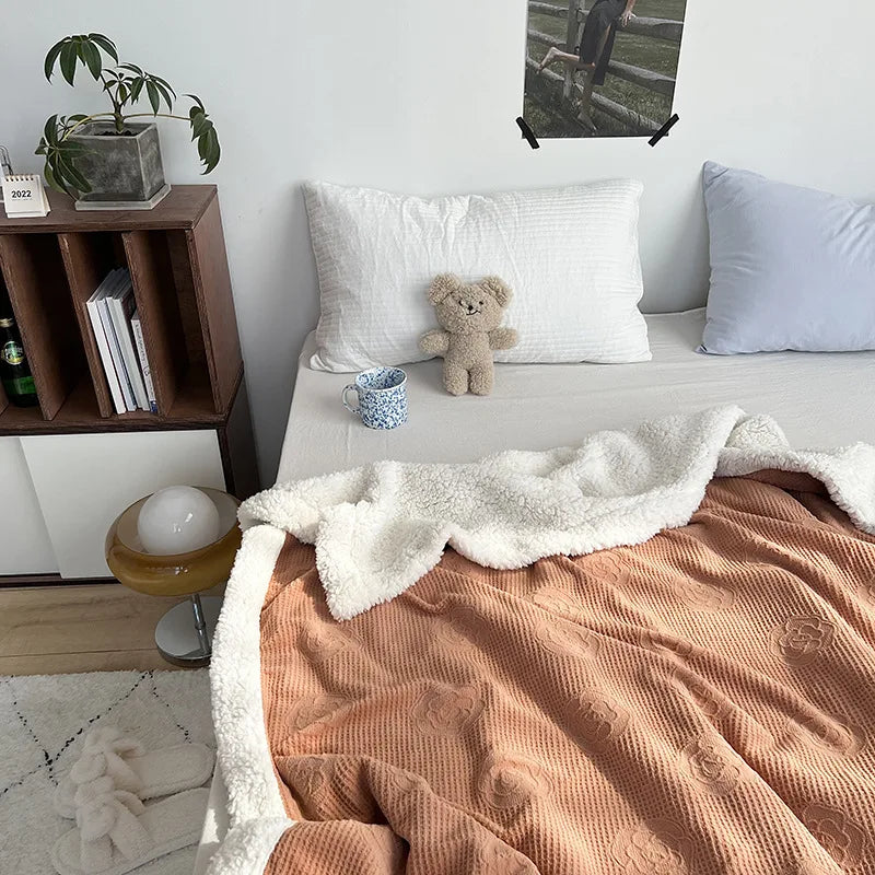 Afralia™ Camellia Jacquard Lamb Wool Blanket - Double-Layer Cozy Quilt