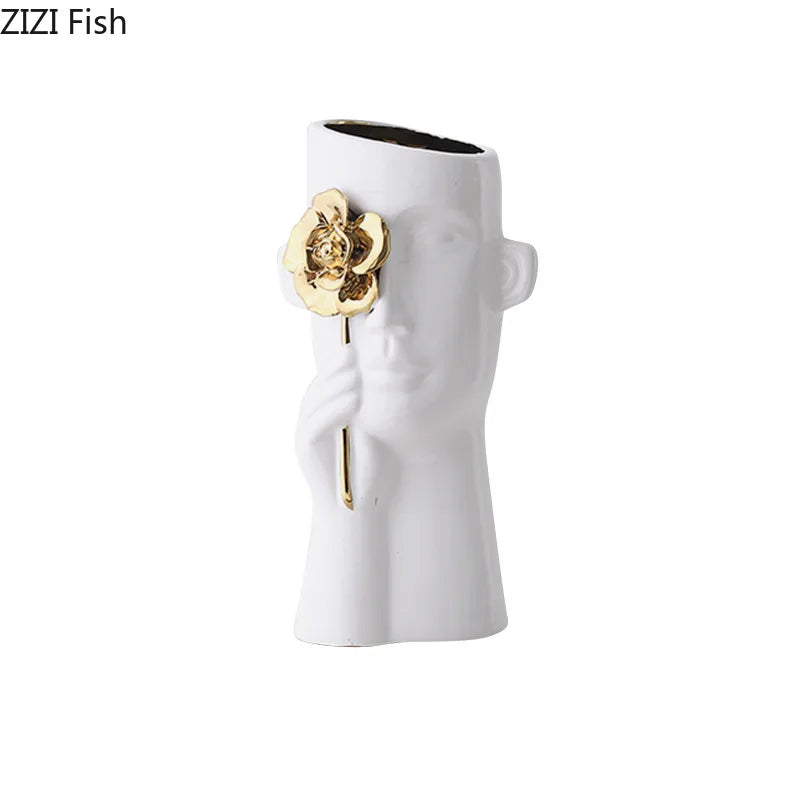 Afralia™ Gold Rose Relief Ceramic Vase, Elegant Desk Floral Vase for Room Decor