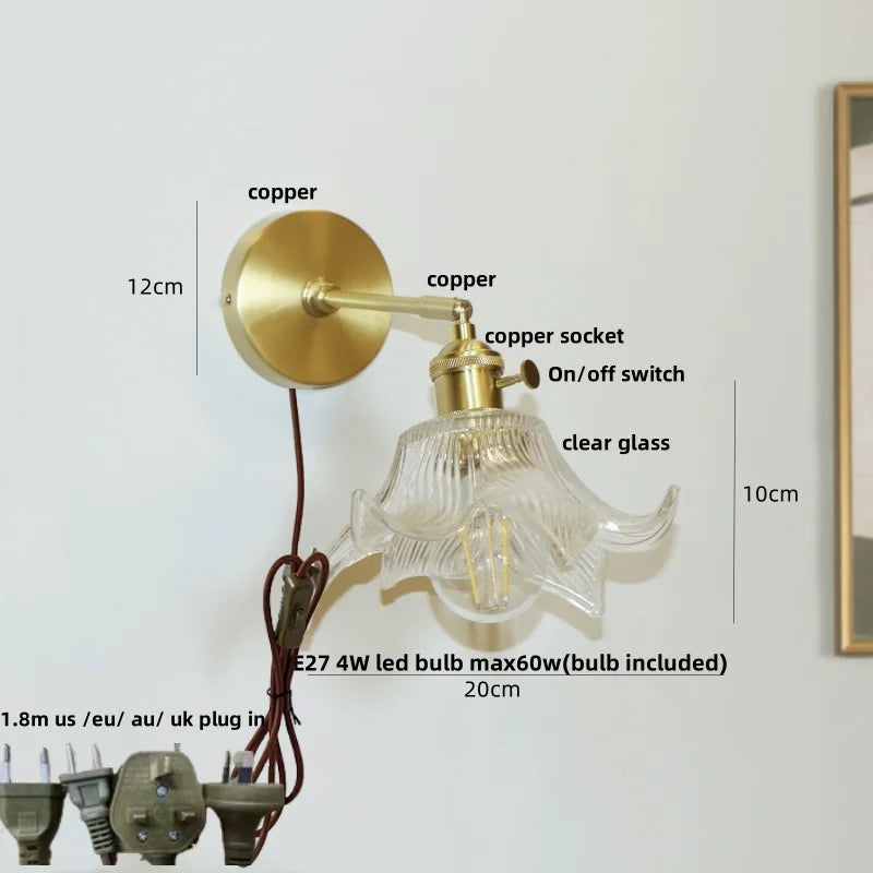 Afralia™ Copper Pull Chain LED Wall Light with Clear Glass Rotate Bedside Lamp