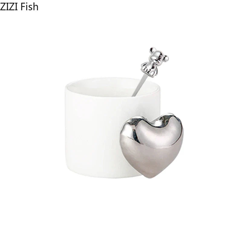 Afralia™ Silver Heart Handle Mug - Ceramic Coffee Cup for Dining Table or Afternoon Tea
