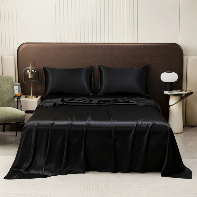 Afralia™ Satin Flat Sheet and Pillowcase Set | Silky Solid Color Bedding for Full Queen King Size