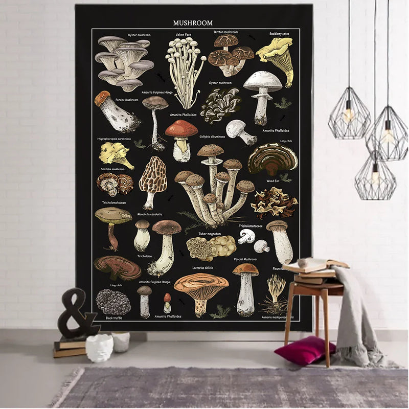 Afralia™ Black Mushroom Mystical Tapestry Wall Hanging for Boho Home Decor