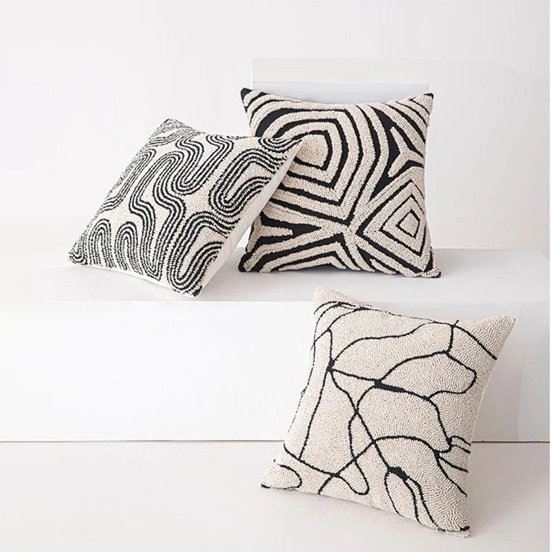 Afralia™ Geometric Embroidered Cushion Cover in Modern Beige and Black