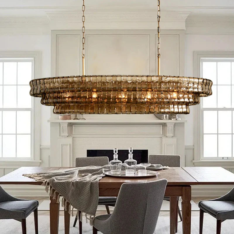 Afralia™ Brown Glass Pendant Lights for Dining Table Chandelier, Oval Clear Round Suspension Lamp