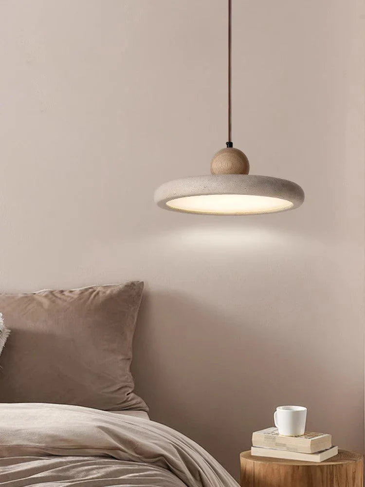 Afralia™ UFO Round Pendant Chandelier in Walnut Wood Finish for Bedroom and Restaurant.