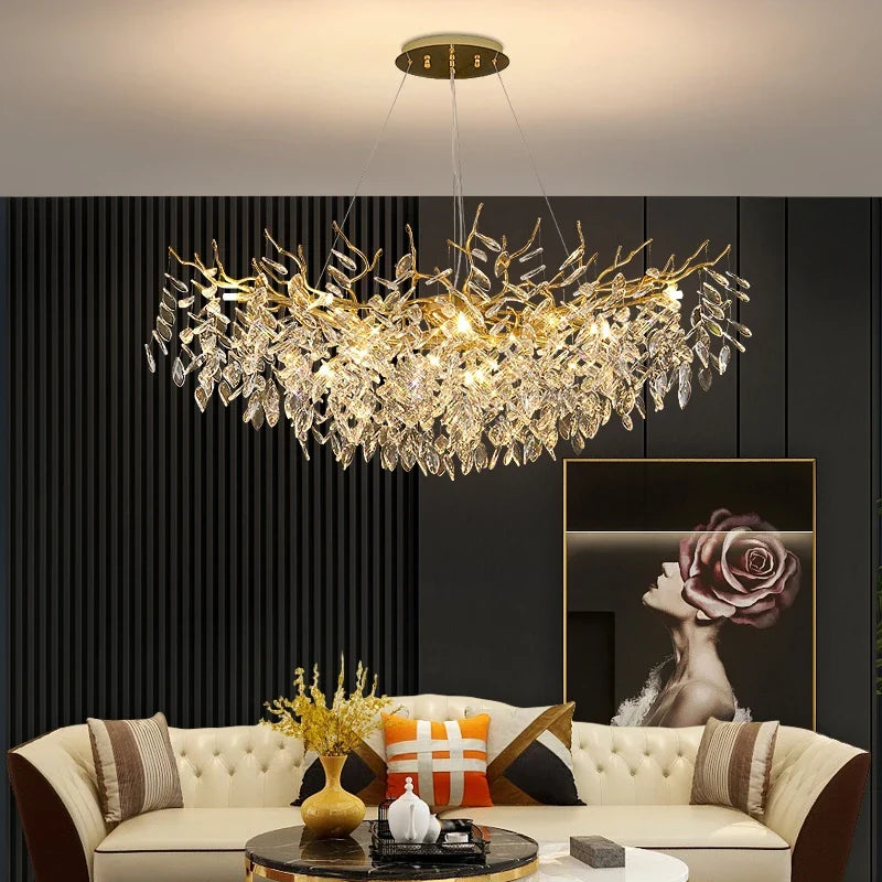 Afralia™ Gold Crystal Chandeliers for Dining Room Branch Hanging Lamp Large Lighting