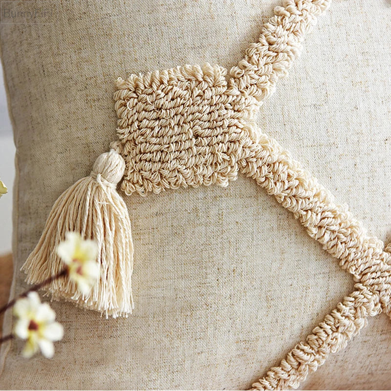 Linen Beige Boho Tassel Pillow Cover for Home Decor - Afralia™