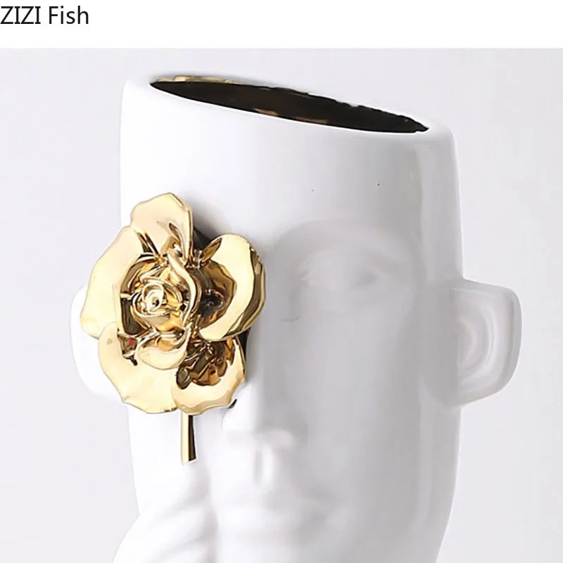 Afralia™ Gold Rose Relief Ceramic Vase, Elegant Desk Floral Vase for Room Decor