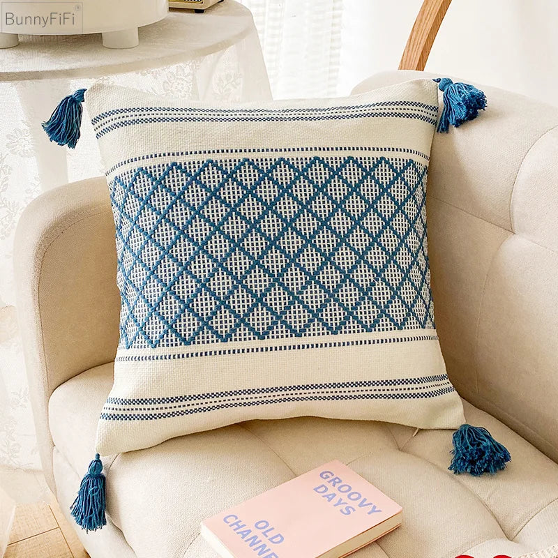 Afralia™ Blue Diamond Jacquard Tassel Cushion Cover 45x45cm