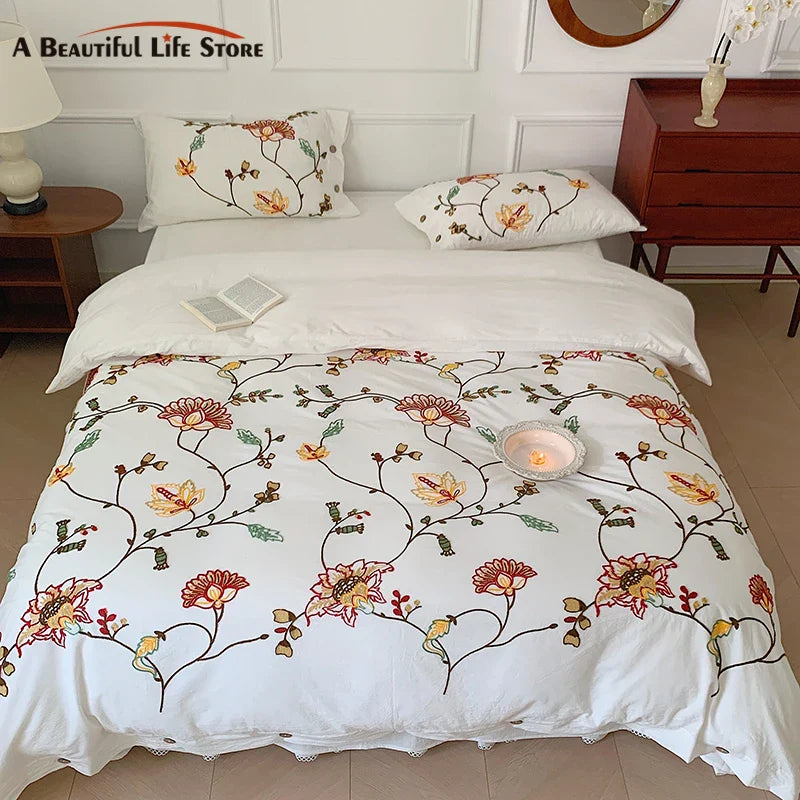 Afralia™ Cotton Bohemia Flowers Embroidery 4pcs Bedding Set Vintage Duvet Cover King Queen