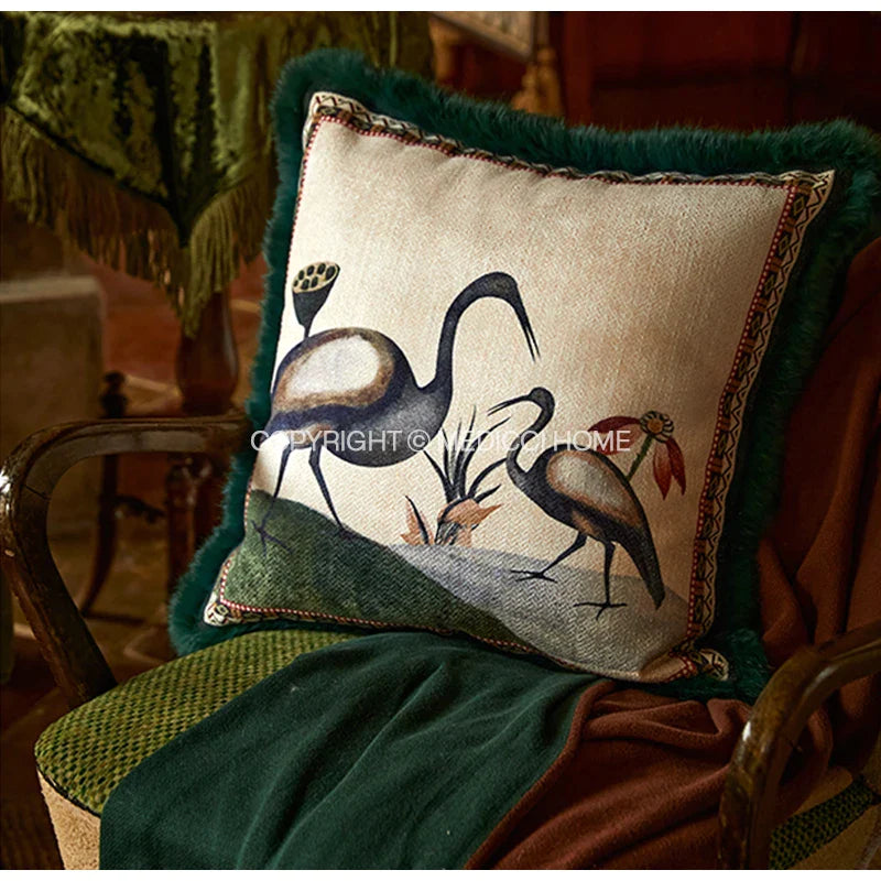 Afralia™ Birds Floral Print Cushion Cover with Tassels 50x50cm