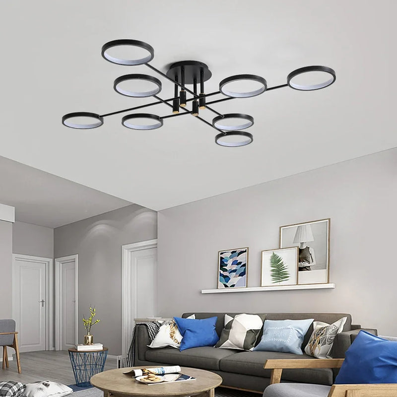 Afralia™ Modern LED Chandelier Black Aluminum Ceiling Light with Remote Control