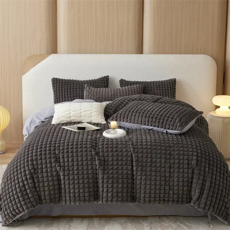 Afralia™ Faux Fur Bedding Set: Double Queen King Size Duvet Cover Sheet Pillowcase