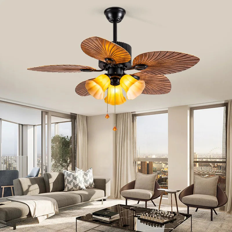 Afralia™ Retro Palm Leaf Ceiling Fan with Strong Power and Pendant Light