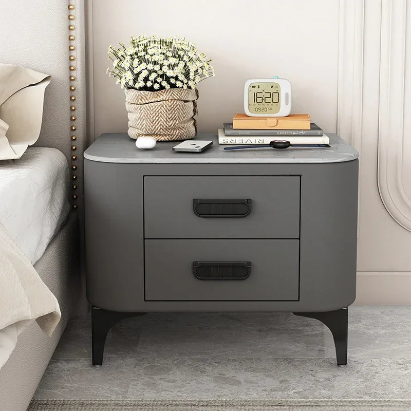 Afralia™ Rock Bed Edge Cabinet with Drawers, Modern Luxury Leather Master Bedroom Bedside Table