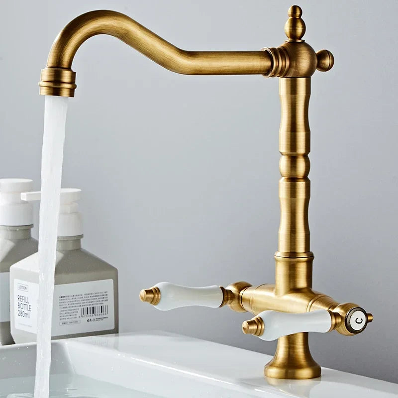 Afralia™ Antique Brass Kitchen Faucet with Dual Handles and 360° Rotation