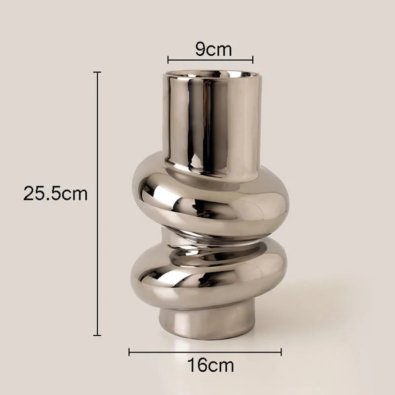 Afralia™ Silver Ceramic Vase Pleated Decoration Modern Home Decor Flowers Pots