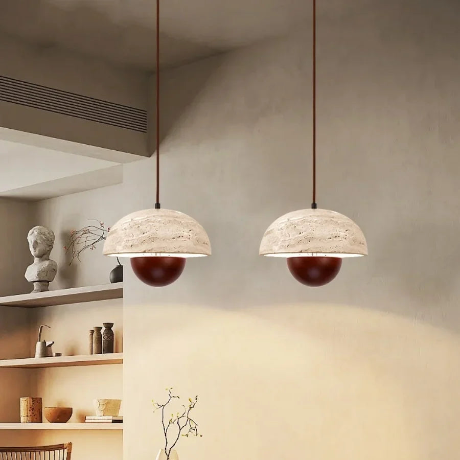 Afralia™ LED Pendant Lights Bar Decor Yellow Travertine Stone Wood Hang Lamp