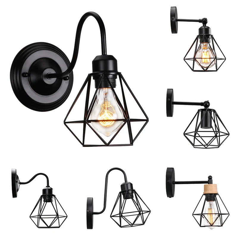 Afralia™ Vintage LED Wall Light Retro Loft Sconce E27 Iron Cage Lampshade