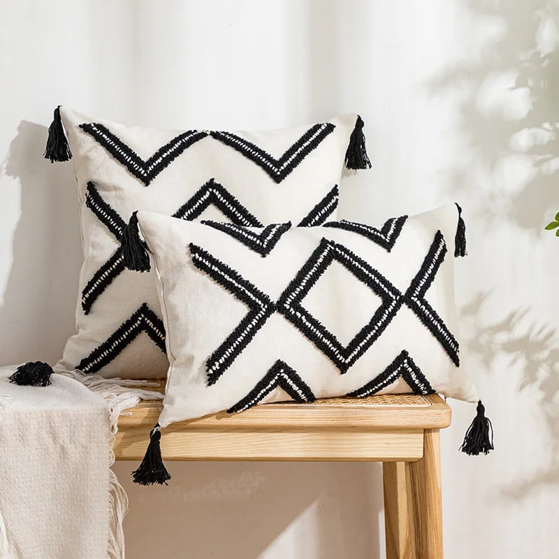 Afralia™ Geometric Embroidery Tassel Cushion Cover - Grey White Simple Loop Tufted Pillow