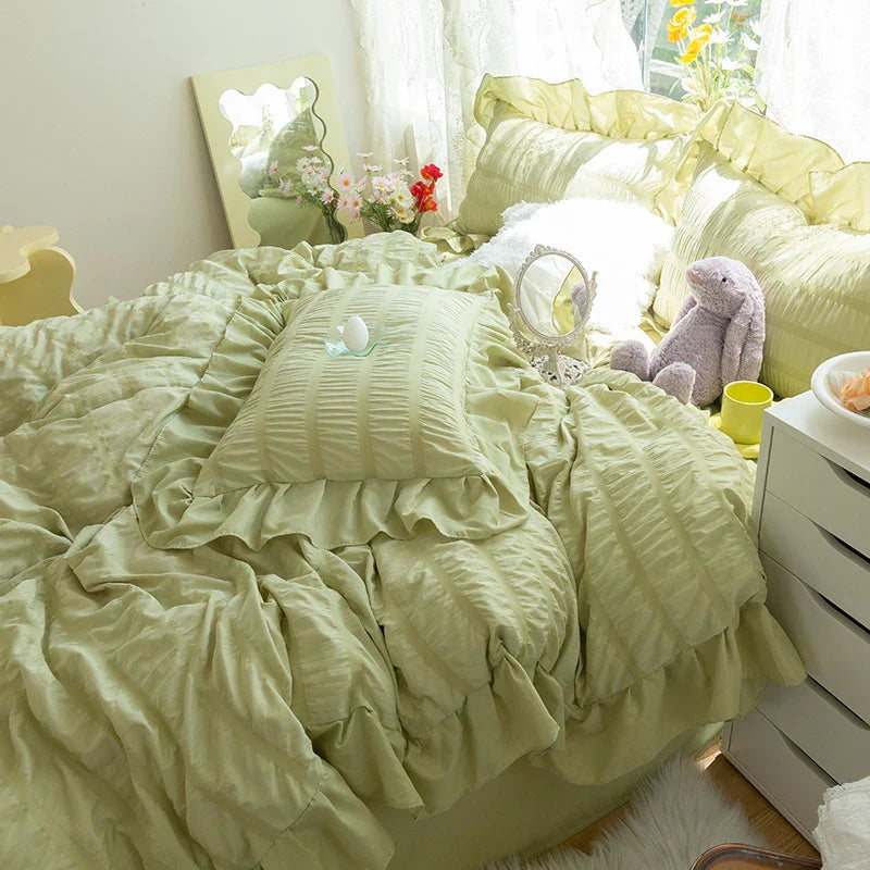 Afralia™ Princess Seersucker Kawaii Bedding Set | Lovely Ruffles Duvet Cover | Soft Comfortable Bed Sets