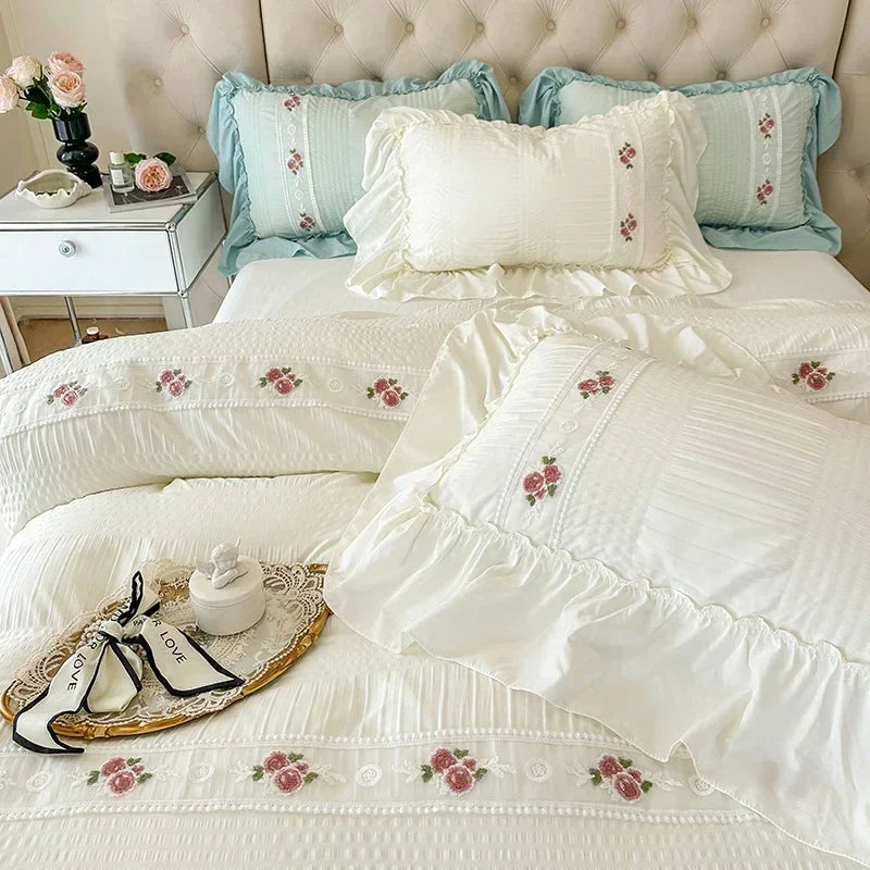 Afralia™ Princess Pink Lace Gauze Bedding Set Queen Duvet Cover Elegant Ruffled Comforter
