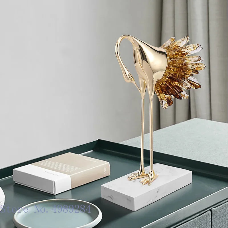 Afralia™ Crane Golden Bird Agate Marble Crystal Home Decor Craft Statue