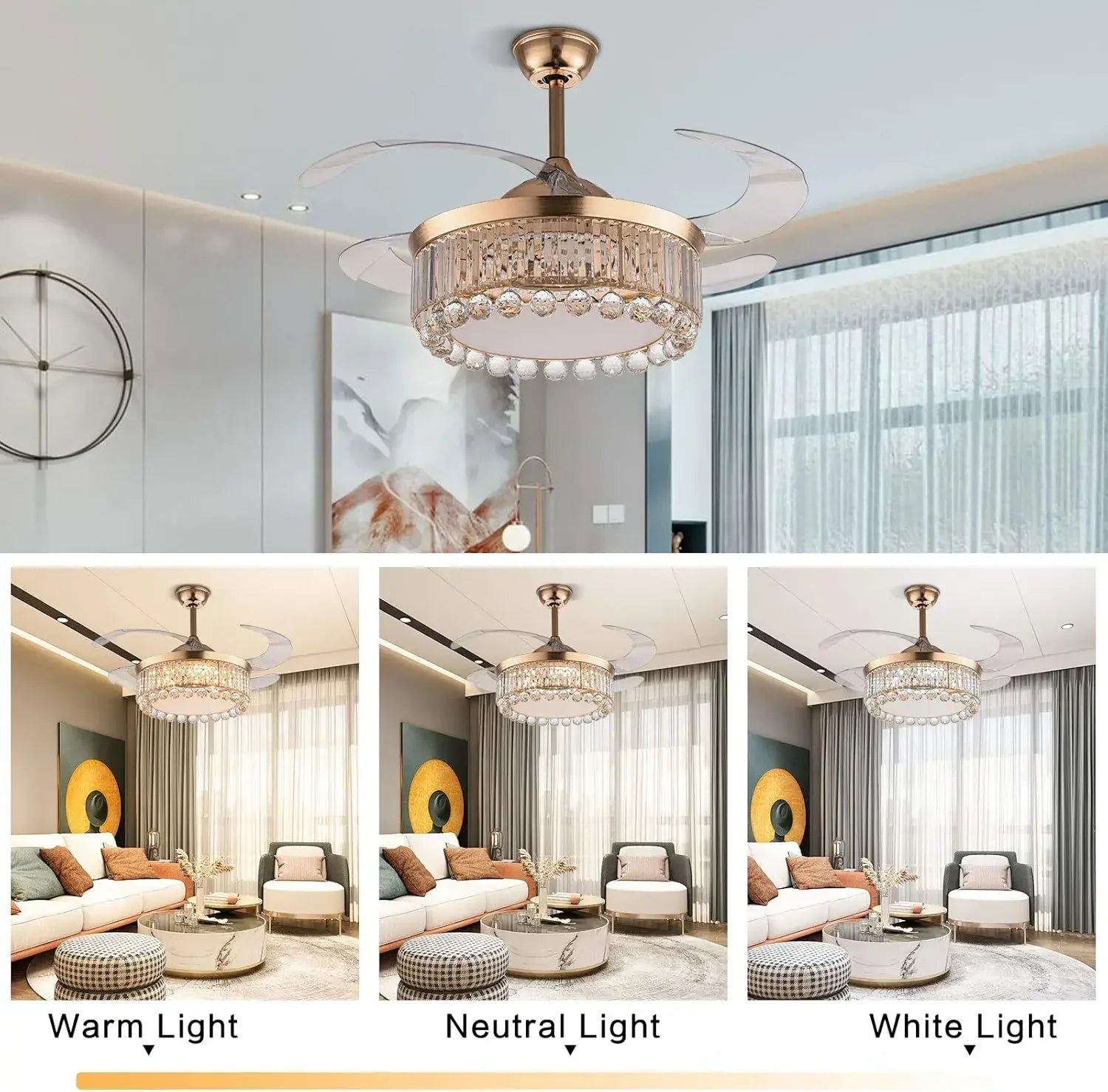 Afralia™ Gold Crystal Ceiling Fan Lights with Remote Control and Retractable Blade