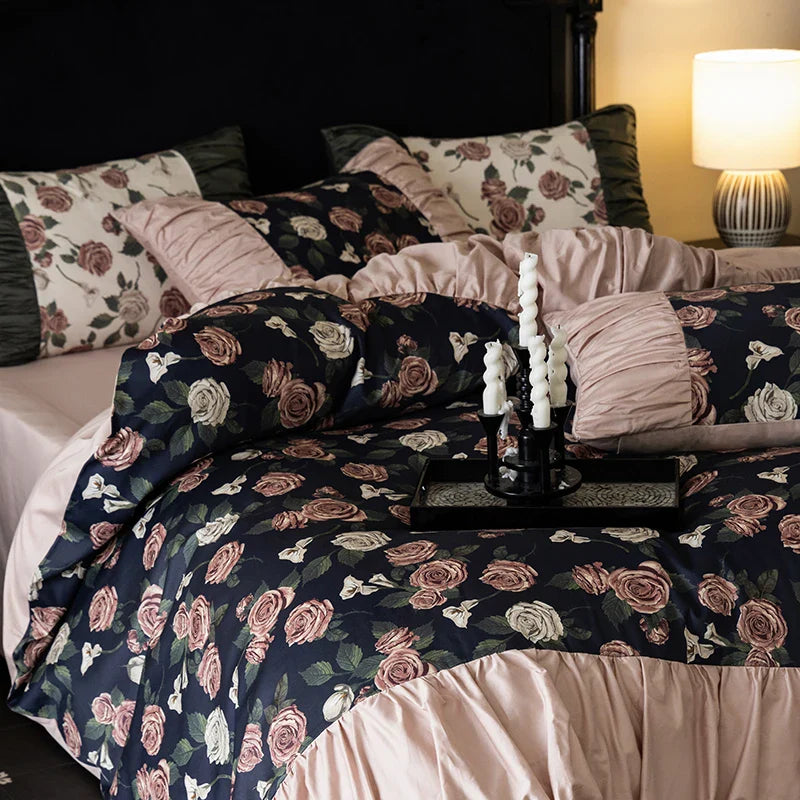 Afralia™ Vintage Rose Print Ruffles Bedding Set: 800TC Egyptian Cotton, Duvet Cover, Sheet, Pillowcases