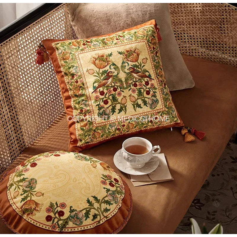 Afralia™ Gobelin Tapestry Style Reversible Cushion Cover with Tassels and Retro Birds Floral Decor