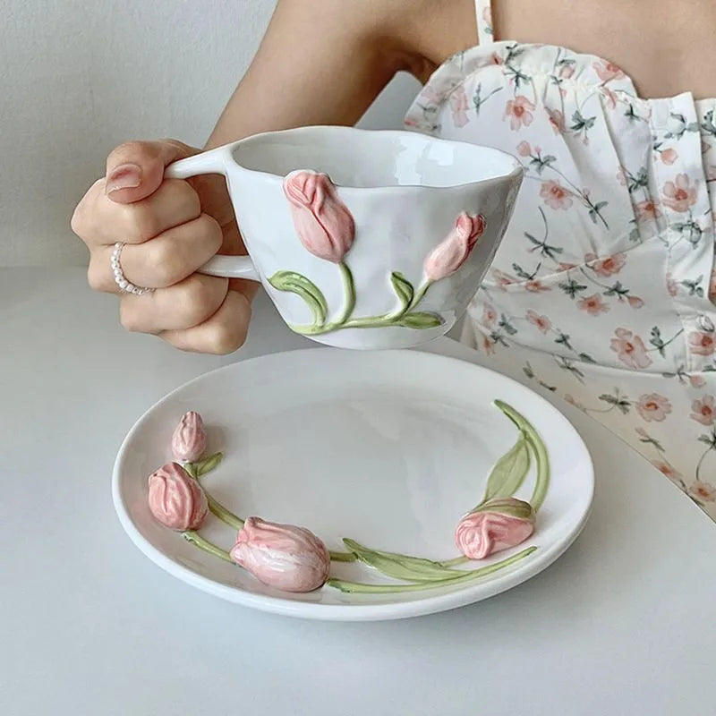 Afralia™ Pink Tulip Ceramic Tea Mug with Cake Plate - Kitchen Accessories