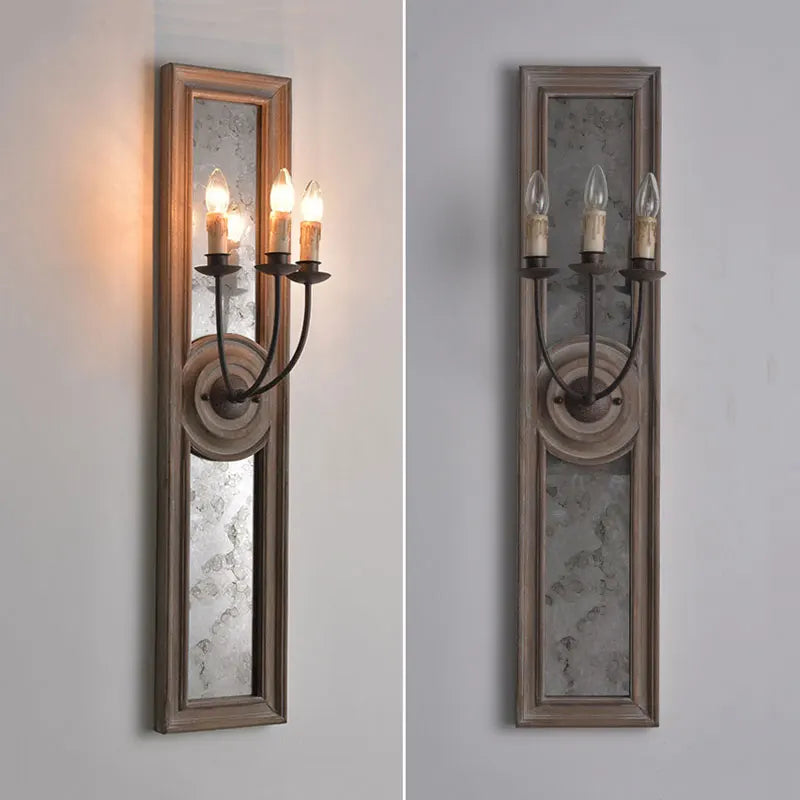 Afralia™ Wooden Mirror Frame Wall Lamp, Vintage French Style for Living Room, Bedroom, and Corridor