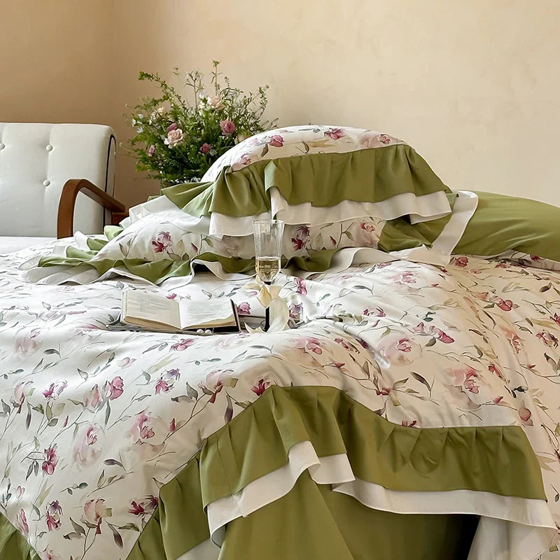 Afralia™ Rose Flowers Ruffles Princess Bedding Set 1000TC Egyptian Cotton Duvet Cover Sheets Pillowcases