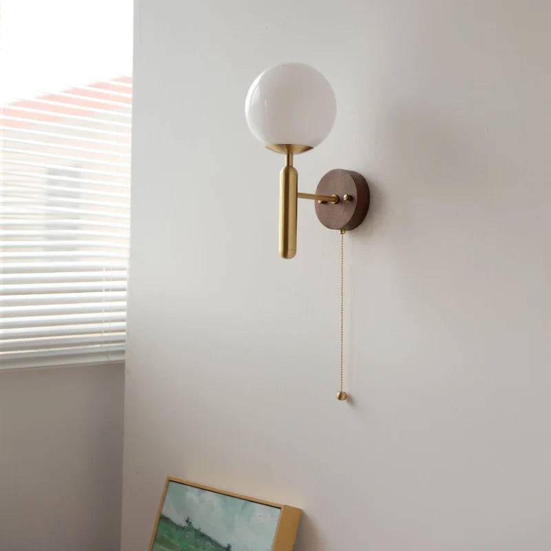 Afralia™ White Glass LED Wall Sconce with Pull Chain Switch, Modern Copper Base Mirror Light