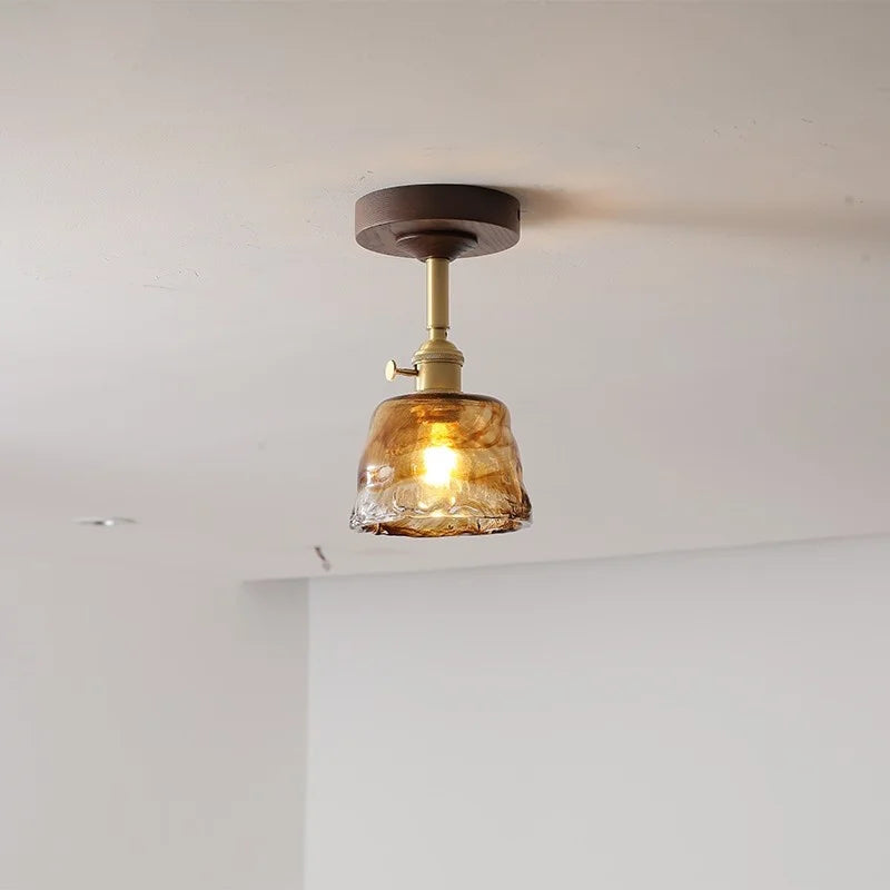 Afralia™ Amber Glass Copper LED Ceiling Light Fixture for Modern Home Decor