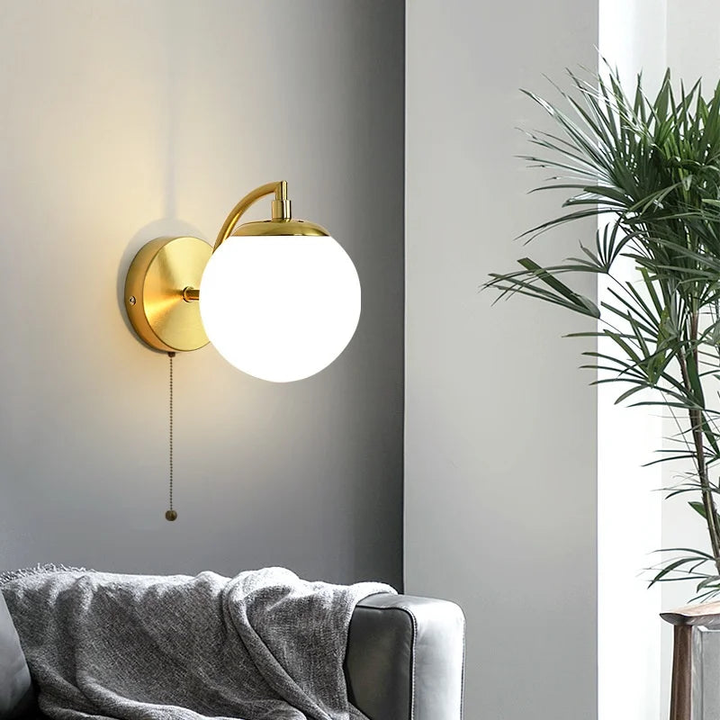 Afralia™ LED Glass Iron Wall Light with Pull Chain Switch for Corridor Living Room Bedroom